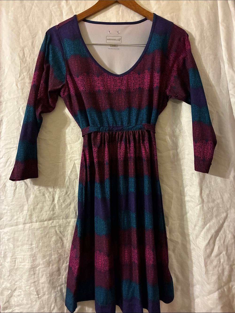 Merrell V-Neck Striped Dress in Purple, Pink and Teal